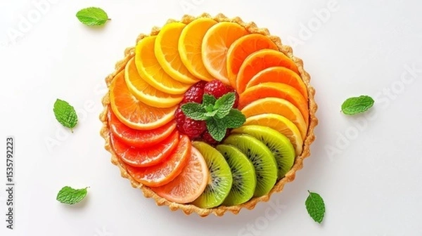 Obraz A beautifully arranged fruit tart showcasing vibrant slices of citrus and berries, garnished with fresh mint.