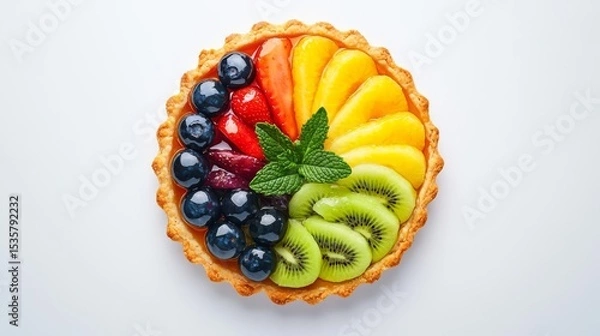 Obraz Delicious fruit tart topped with vibrant fresh fruits and mint, perfect for dessert lovers and healthy indulgence.