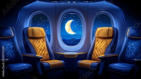 Obraz Cozy airplane seats with a moonlit window view, perfect for travel enthusiasts dreaming of their next journey.