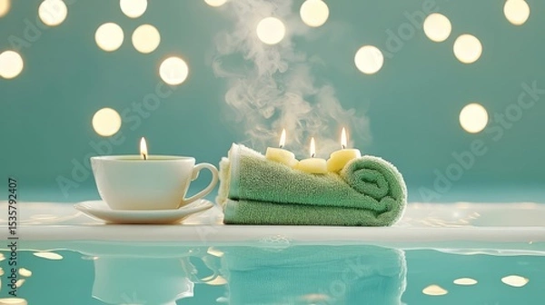 Obraz A tranquil spa setting featuring a warm cup of tea, rolled towels, and soft candlelight, perfect for relaxation.
