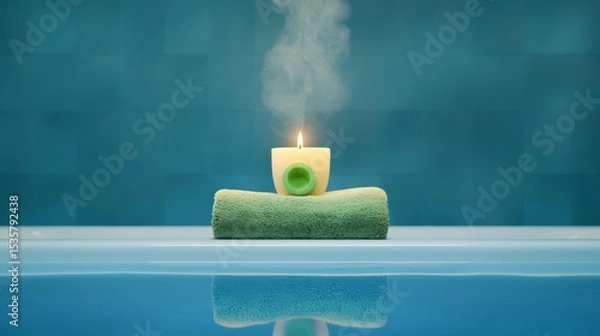 Obraz A serene spa setting featuring a lit candle and a soft towel, creating a relaxing atmosphere by the water.