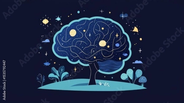 Obraz A whimsical illustration of a brain tree surrounded by stars and plants, representing creativity and imagination.