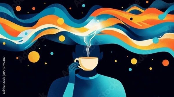 Obraz A colorful illustration of a person enjoying a hot beverage, symbolizing creativity and inspiration.