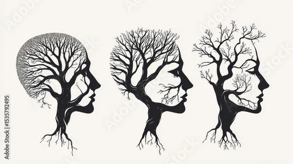 Obraz Illustration showing profiles merging with trees, representing the connection between nature and human thought.