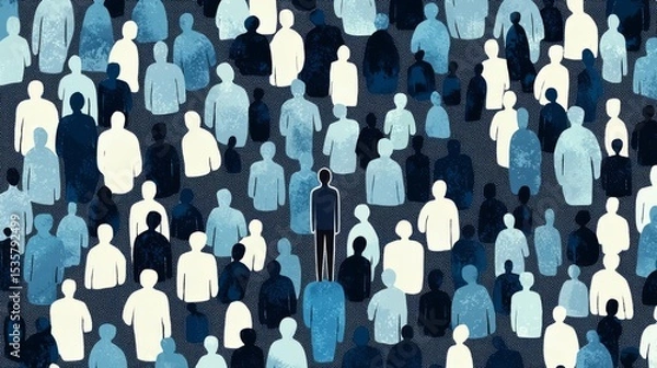 Obraz An abstract depiction of individuality amidst a crowd, illustrating themes of isolation and social connection.