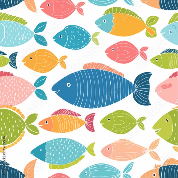 Fototapeta Seamless pattern with colorful cartoon fishes on white background, vibrant and cheerful design