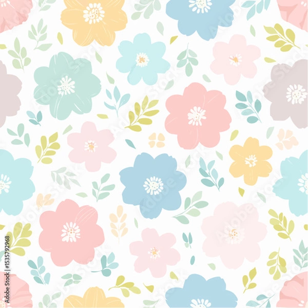 Fototapeta Floral seamless pattern pastel color flowers leaves background vector design romantic spring delicate wallpaper scrapbook surface design