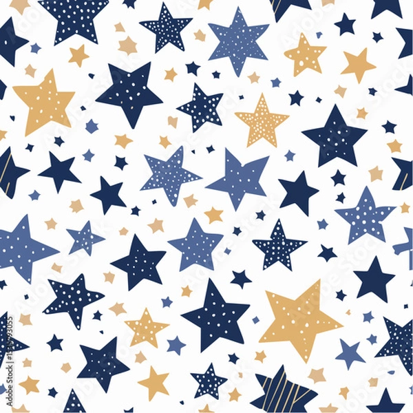 Fototapeta Whimsical star pattern vector illustration in navy, gold and blue with white background suitable for fabrics and paper products