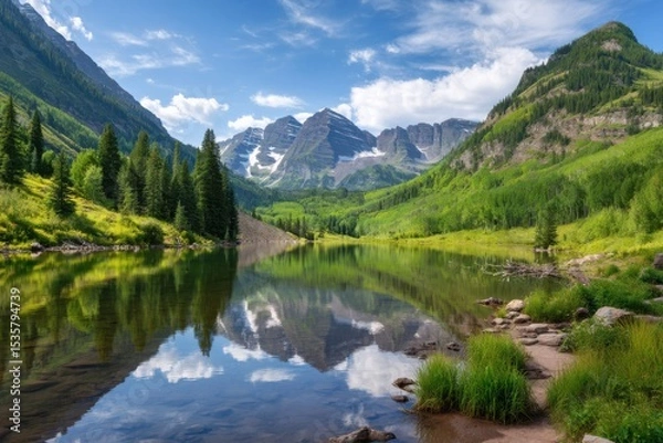 Fototapeta Mountain lake reflection scenic view on white background