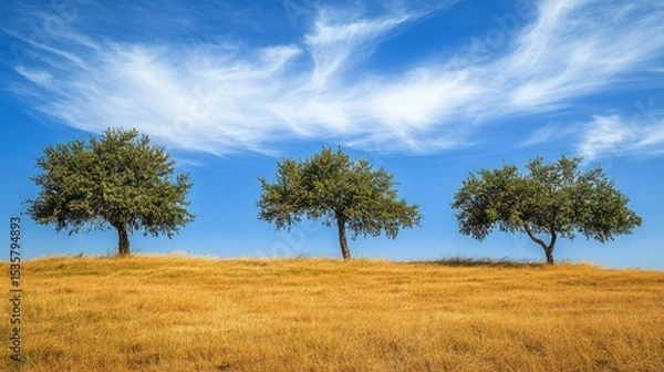 Fototapeta Three trees stand tall on a golden field under a vibrant blue sky.