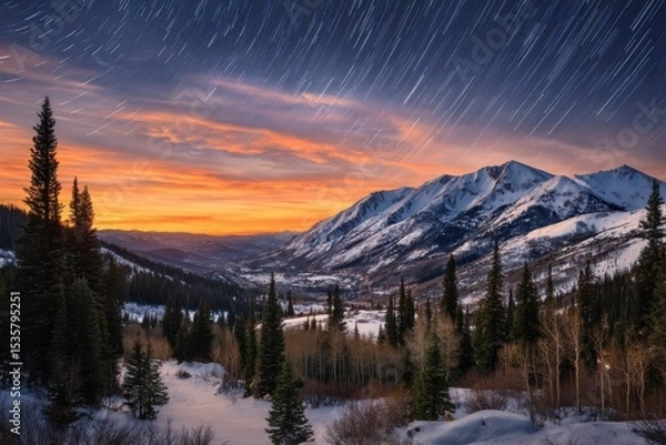 Fototapeta Mountain range winter star trail view on white background