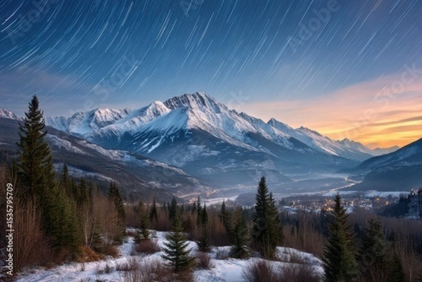 Fototapeta Starry mountain range winter scene on white background