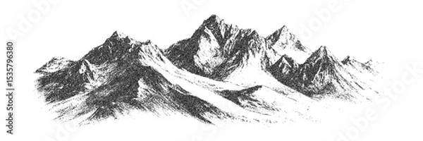 Obraz Pointillism mountain landscape with sharp ridges and snowy slopes. Monochrome stipple texture in vintage engraving style. Vector illustration