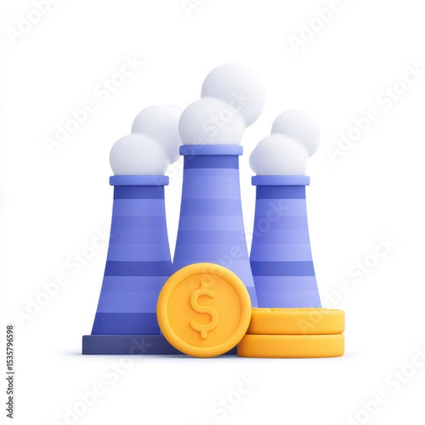 Fototapeta Industrial factory with cooling towers and coins representing energy costs and financial impact, symbolizing energy production