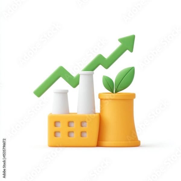 Fototapeta Eco friendly growth concept with factory, plant, and upward arrow representing sustainable development and environmental