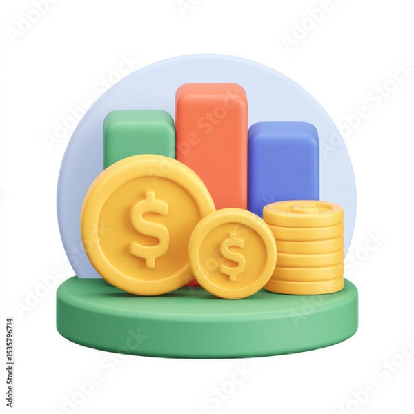 Fototapeta Financial growth and investment concept represented by colorful bar chart, coins with dollar symbols, and circular background