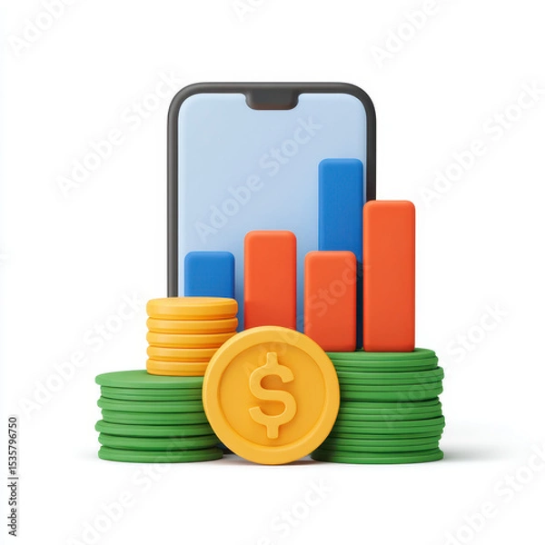 Fototapeta Smartphone with financial growth chart, coins, and dollar symbol, representing mobile investment and online finance concepts