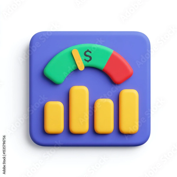 Fototapeta Data visualization icon with bar chart and gauge meter indicating financial performance or budget status, colorful and modern