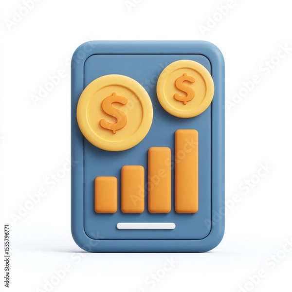 Fototapeta This depicts digital financial growth concept with smartphone displaying bar chart, coins with dollar signs, and blue