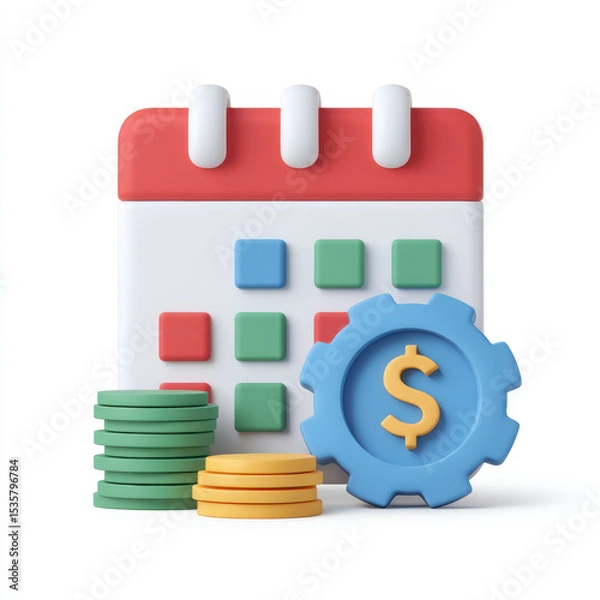 Fototapeta Colorful calendar with stacked coins and gear with dollar sign, symbolizing financial planning, budgeting, and monetary