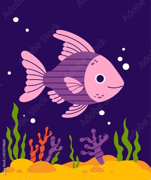 Fototapeta Tropical Fish with algae and coral on seabed on blue background. Vector illustration. Kids collection