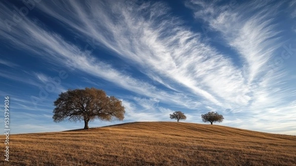 Fototapeta Three trees stand on a golden hill under a dramatic sky.