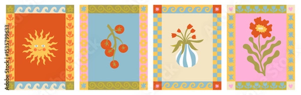 Fototapeta Vector hand drawn graphics, print design templates, summer and vacation theme, tropical illustrations, frames and borders in simple trendy naive cut out style with holiday floral illustrations