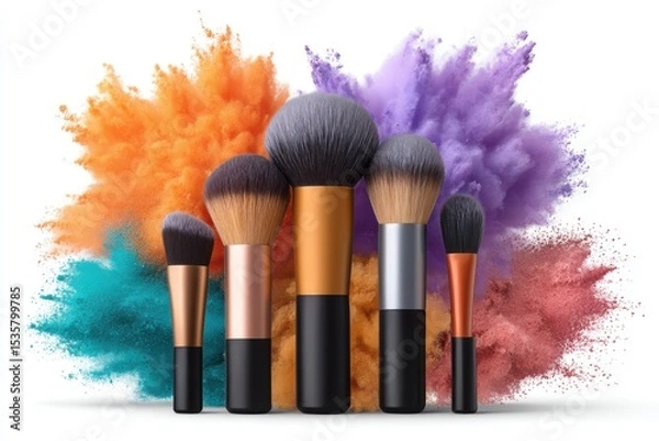 Fototapeta Makeup brushes with powder explosion on white background