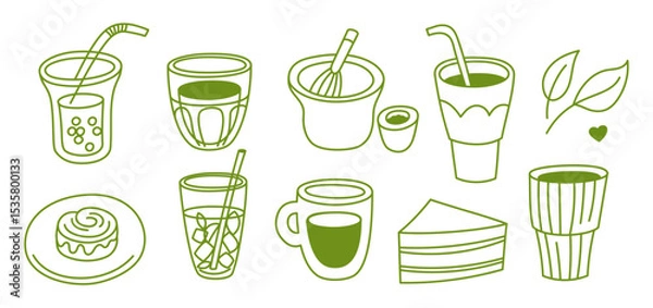 Fototapeta Matcha green tea, vector logo design template and graphic elements for advertising, branding, posters,  banners and prints, illustrations, brunch cafe , bakery and coffee shops concepts