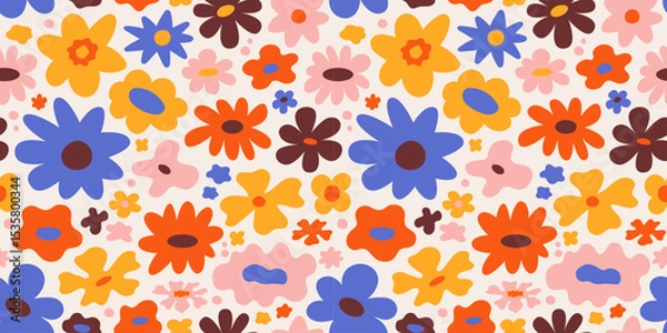 Fototapeta Vector seamless pattern in simple floral wavy and groovy naive style, flowers and plants, floral botanic hand drawn design templates, modern art prints, surface design