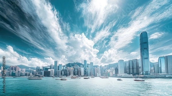 Fototapeta Panoramic cityscape view of Hong Kong under a vibrant sky.