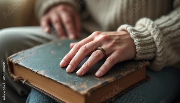 Fototapeta Gentle hands resting on a vintage book