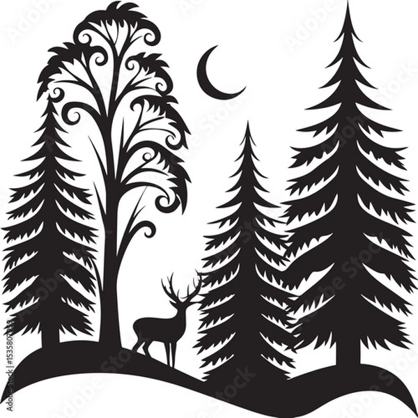 Obraz Monochrome Nature Scene with Deer and Trees