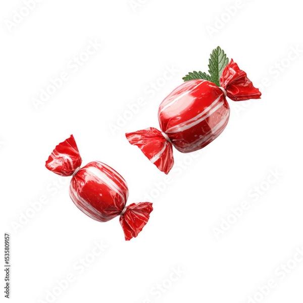 Obraz Two red and white striped peppermint candies wrapped in shiny plastic with mint leaf accent. candies are arranged diagonally against plain background, creating festive and sweet appearance
