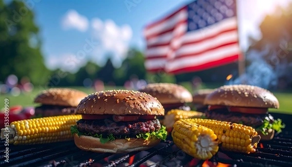 Fototapeta Grilling Hamburgers and Corn During 4th of July Celebration Outdoors. US Independence Day. AI Generated