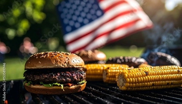 Fototapeta Grilled Burger and Corn on BBQ with American Flag in Background. US Independence Day. AI Generated