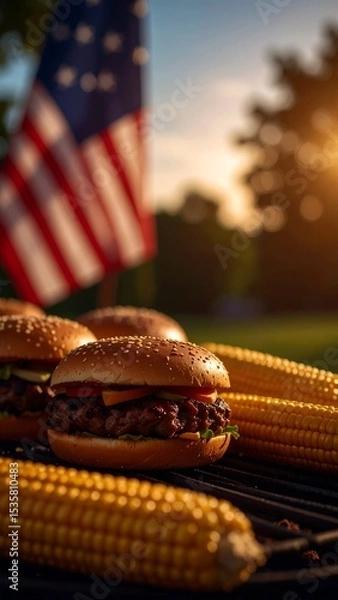 Fototapeta Grilled Burgers and Corn with American Flag in the Background at Sunset. US Independence Day. AI Generated