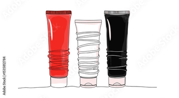 Obraz Hair dye tubes in multiple shades one line doodle drawing with watercolor fill, minimalistic vector illustration on white background