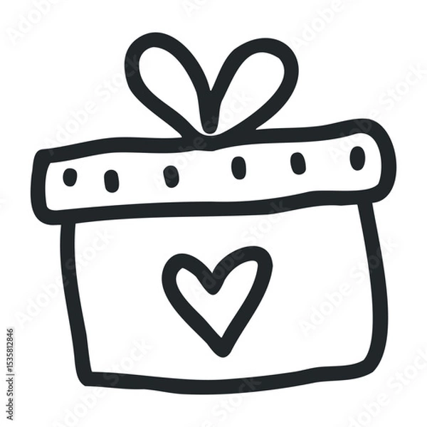 Fototapeta Hand-drawn gift box with heart and bow illustration – stock vector icon in line drawing style