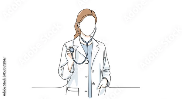 Obraz Female doctor in white coat with stethoscope - one line doodle drawing with watercolor fill, minimalistic vector illustration on white background