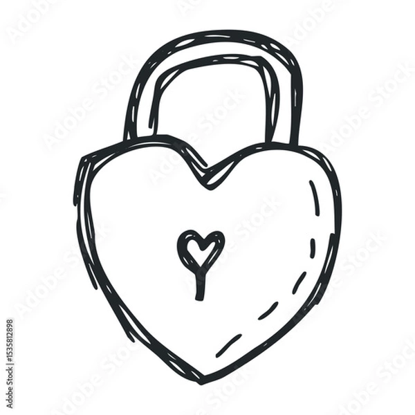 Fototapeta Heart-shaped lock with keyhole in hand-drawn doodle style – stock vector icon in line drawing style