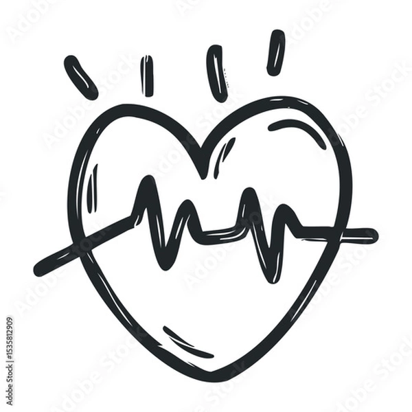 Fototapeta Hand-drawn heartbeat heart symbol with pulse line sketch – stock vector icon in line drawing style