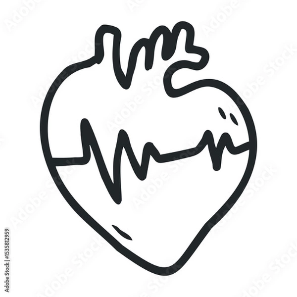 Fototapeta Heartbeat line through anatomical heart illustration symbolizing health – stock vector icon in line drawing style