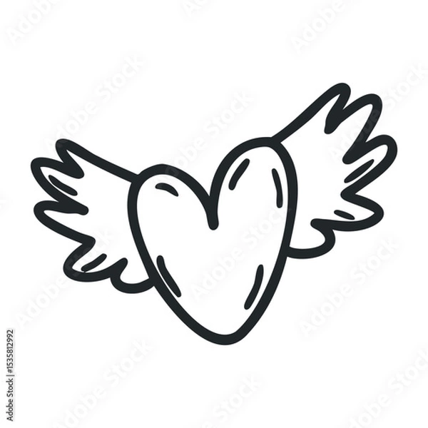 Fototapeta Winged heart outline illustration with simple black and white design – stock vector icon in line drawing style