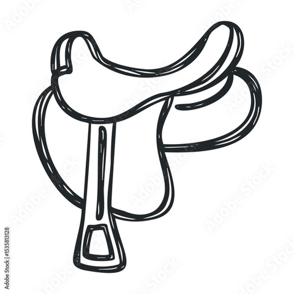 Fototapeta Hand-drawn outline of an equestrian saddle with stirrups – stock vector icon in line drawing style