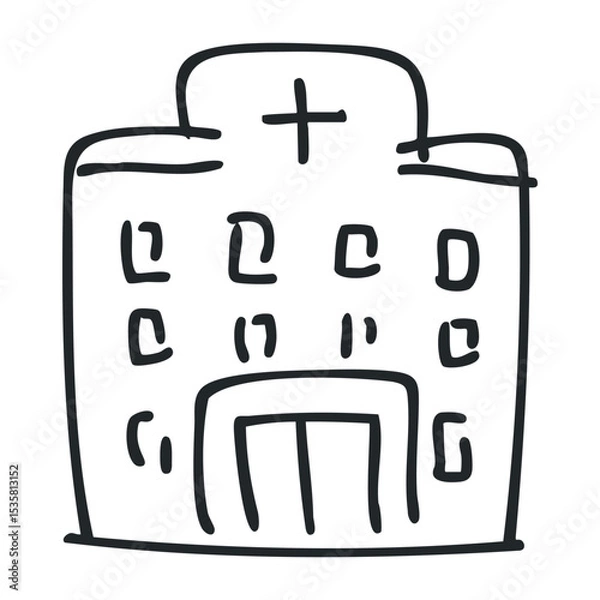 Fototapeta Sketch of a hospital building with cross on top – stock vector icon in line drawing style