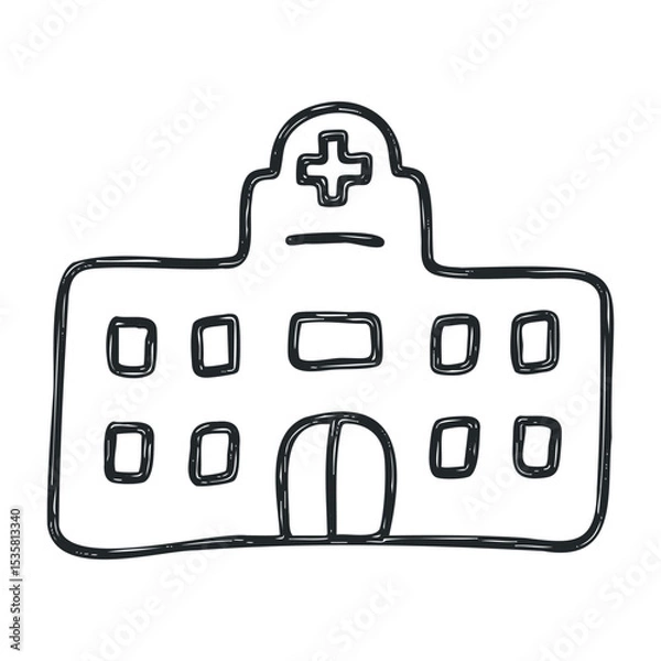 Fototapeta Hand-drawn hospital building illustration with cross symbol – stock vector icon in line drawing style