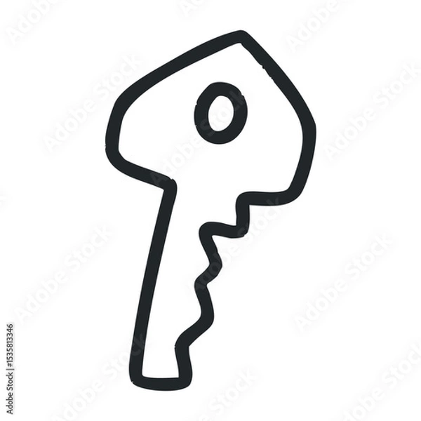 Fototapeta Minimalist black and white sketch of a cartoon key with curved lines – stock vector icon in line drawing style