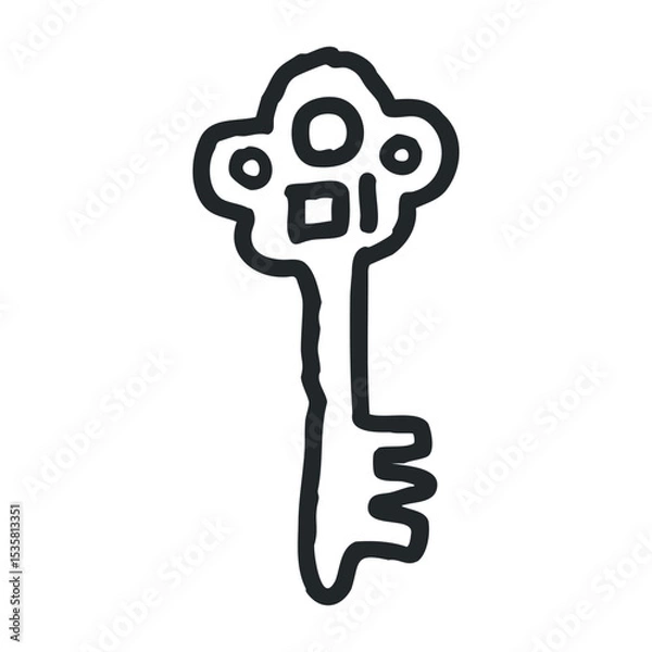 Fototapeta Vintage skeleton key outline drawing with ornate design – stock vector icon in line drawing style