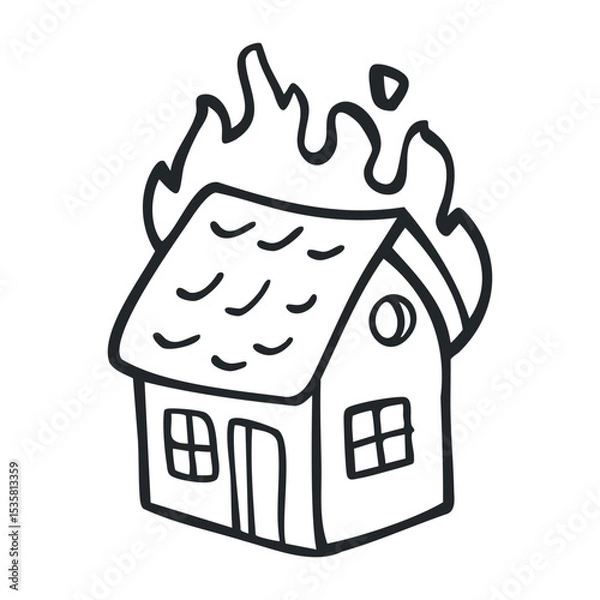 Fototapeta Simple illustration of house on fire with flames – stock vector icon in line drawing style